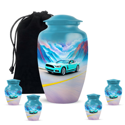 Deep Teal Car Cremation Urn top-down view of secure threaded lid - elegant classic car relief with fine detailing - memorial set with one large and four small urns