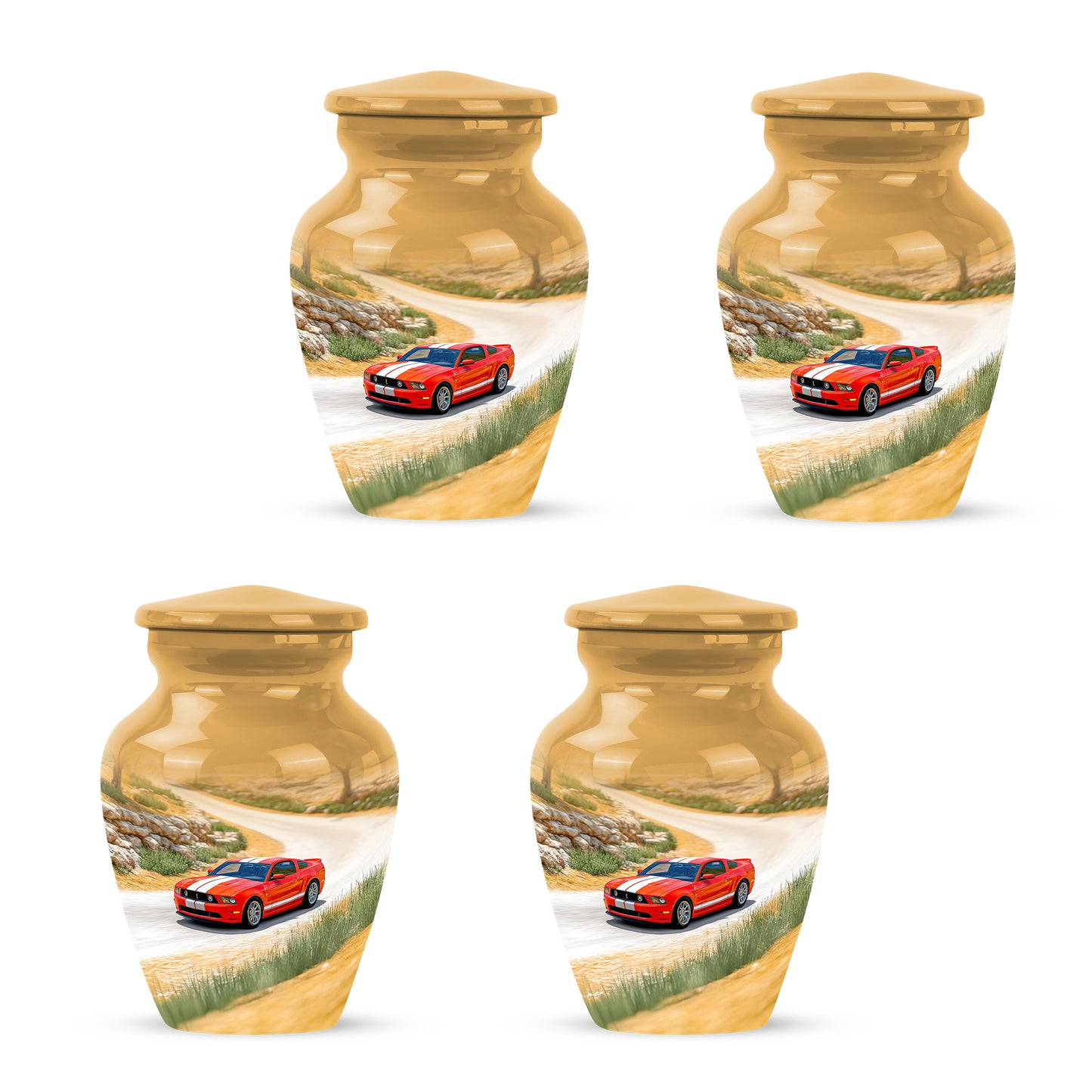 Matte Gold Car Cremation Urn side profile showing urn shape - traditional car engraving with hand-polished finish - 10 inch aluminum urn for cremated remains