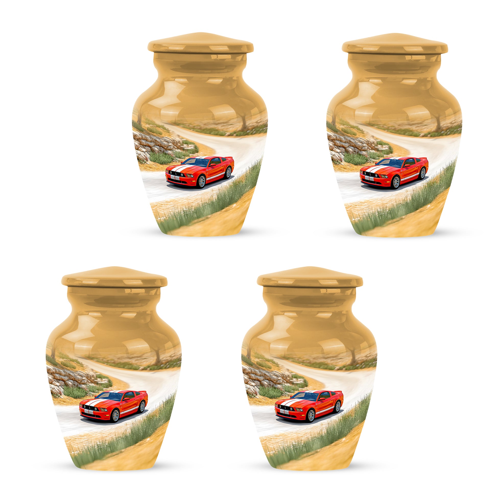 Matte Gold Car Cremation Urn side profile showing urn shape - traditional car engraving with hand-polished finish - 10 inch aluminum urn for cremated remains