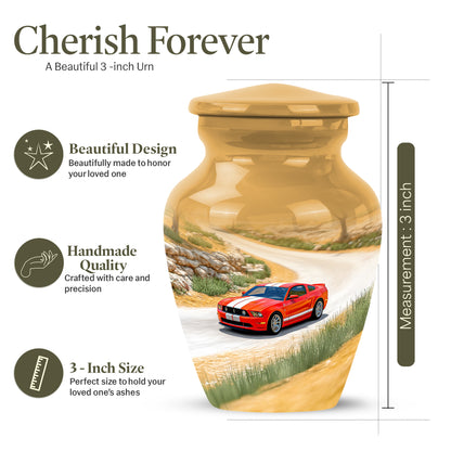 Warm Gold Car Cremation Urn close-up of engraving and surface detail - elegant classic car relief with fine detailing - mini keepsake memorial for portion of cremation ashes