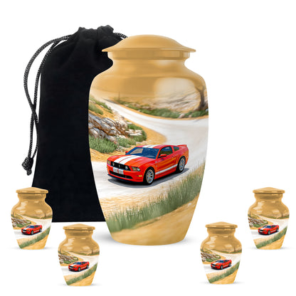 Royal Gold Car Cremation Urn top-down view of secure threaded lid - traditional car engraving with hand-polished finish - memorial set with one large and four small urns