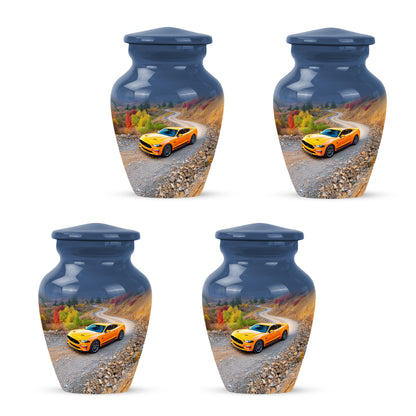 Bright Blue Car Cremation Urn side profile showing urn shape - elegant classic car relief with fine detailing - 10 inch aluminum urn for cremated remains