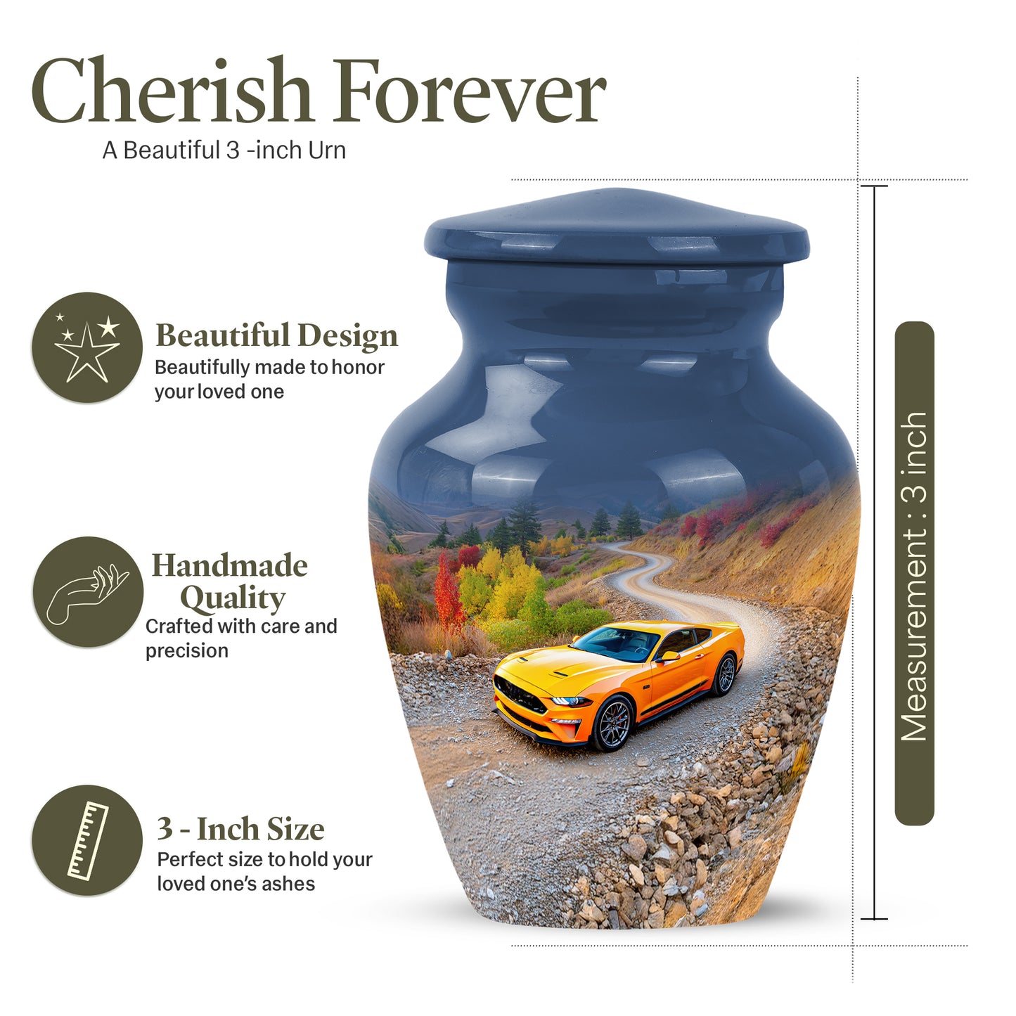 Navy Blue Car Cremation Urn close-up of engraving and surface detail - classic sculpted car pattern on smooth aluminum - mini keepsake memorial for portion of cremation ashes