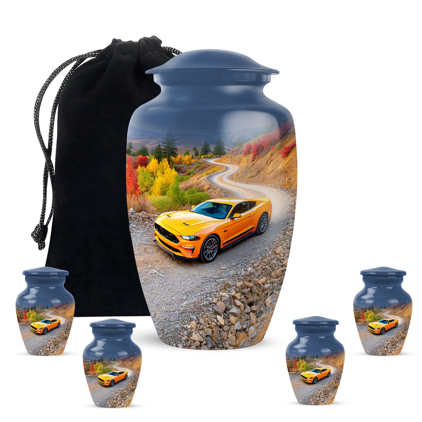 Pastel Blue Car Cremation Urn top-down view of secure threaded lid - timeless car motif etched into premium metal - memorial set with one large and four small urns