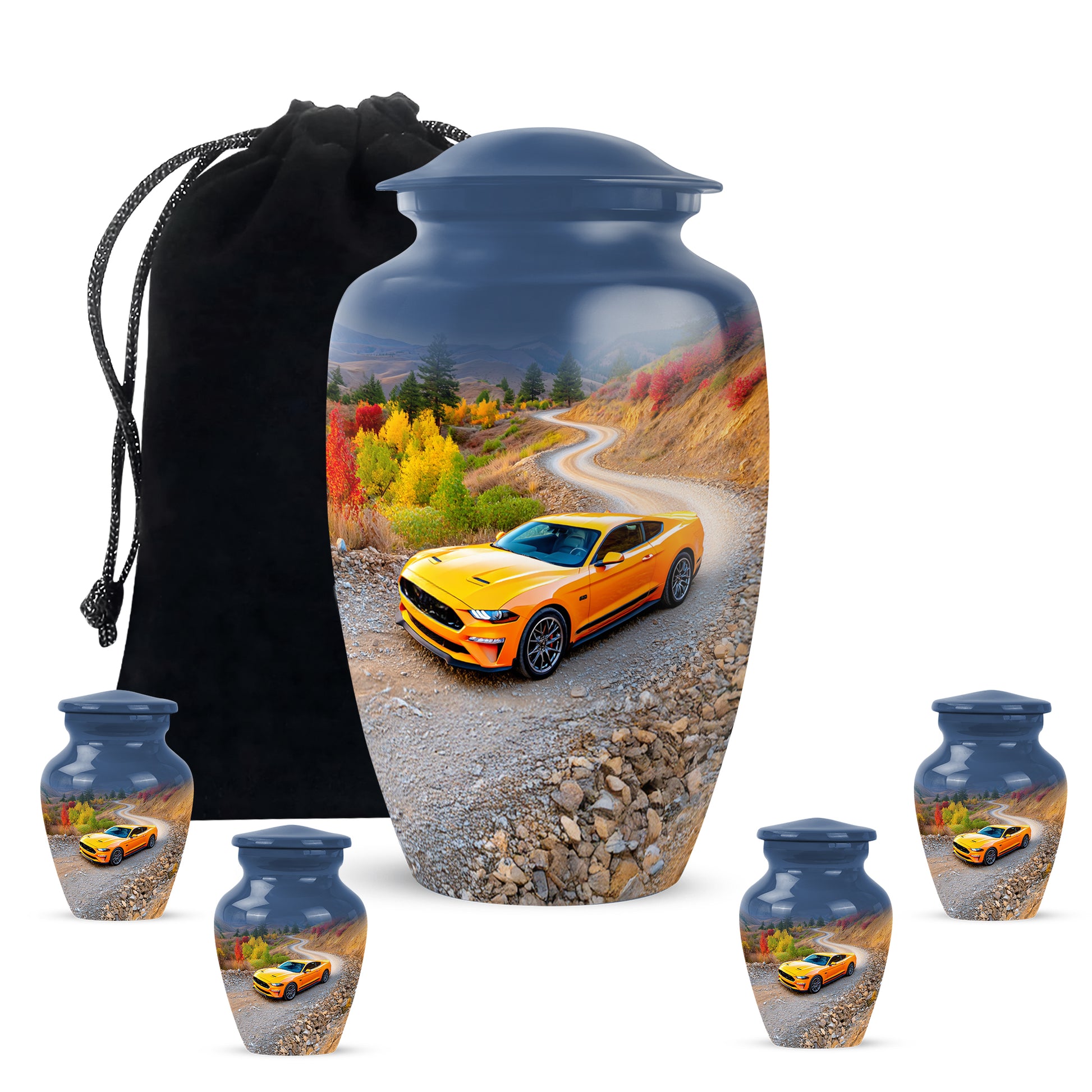 Pastel Blue Car Cremation Urn top-down view of secure threaded lid - timeless car motif etched into premium metal - memorial set with one large and four small urns