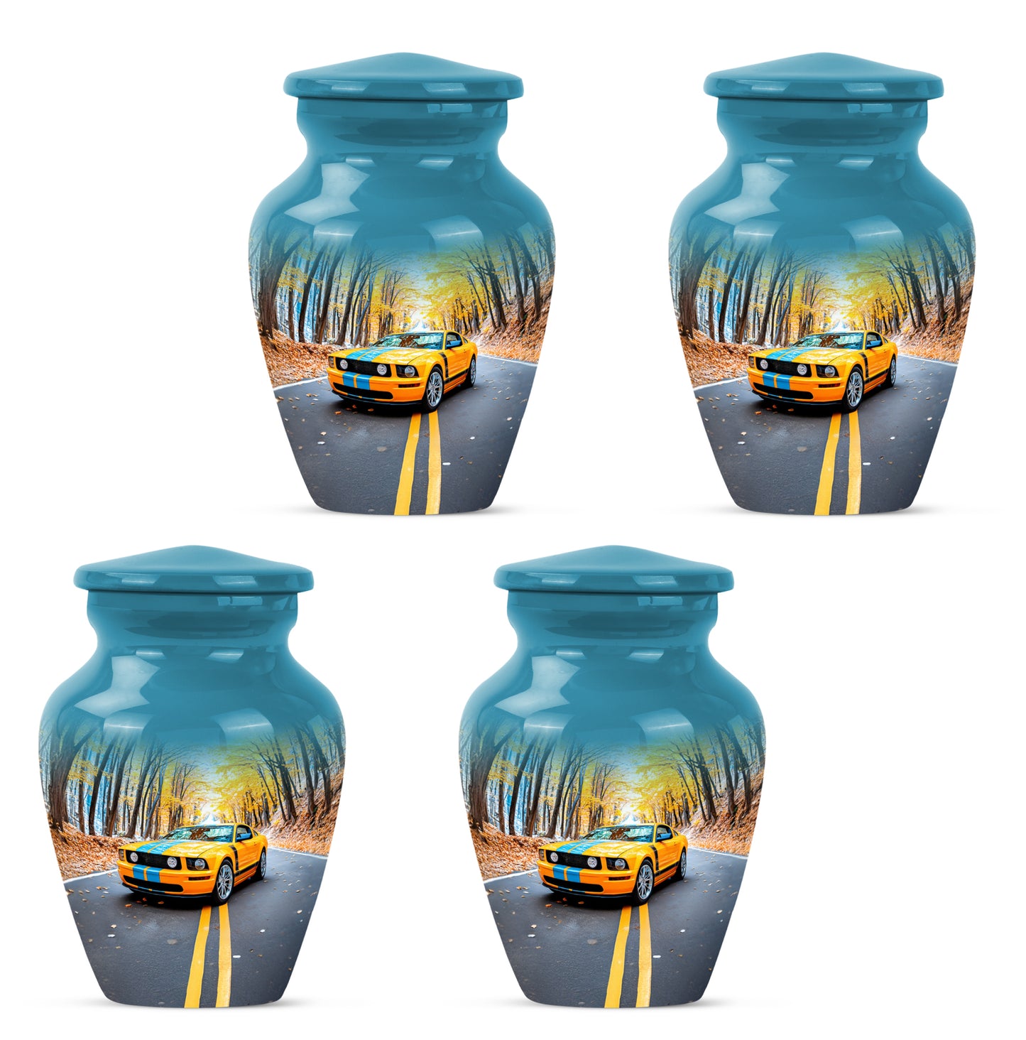 Cornflower Blue Car Cremation Urn side profile showing urn shape - traditional car engraving with hand-polished finish - 10 inch aluminum urn for cremated remains