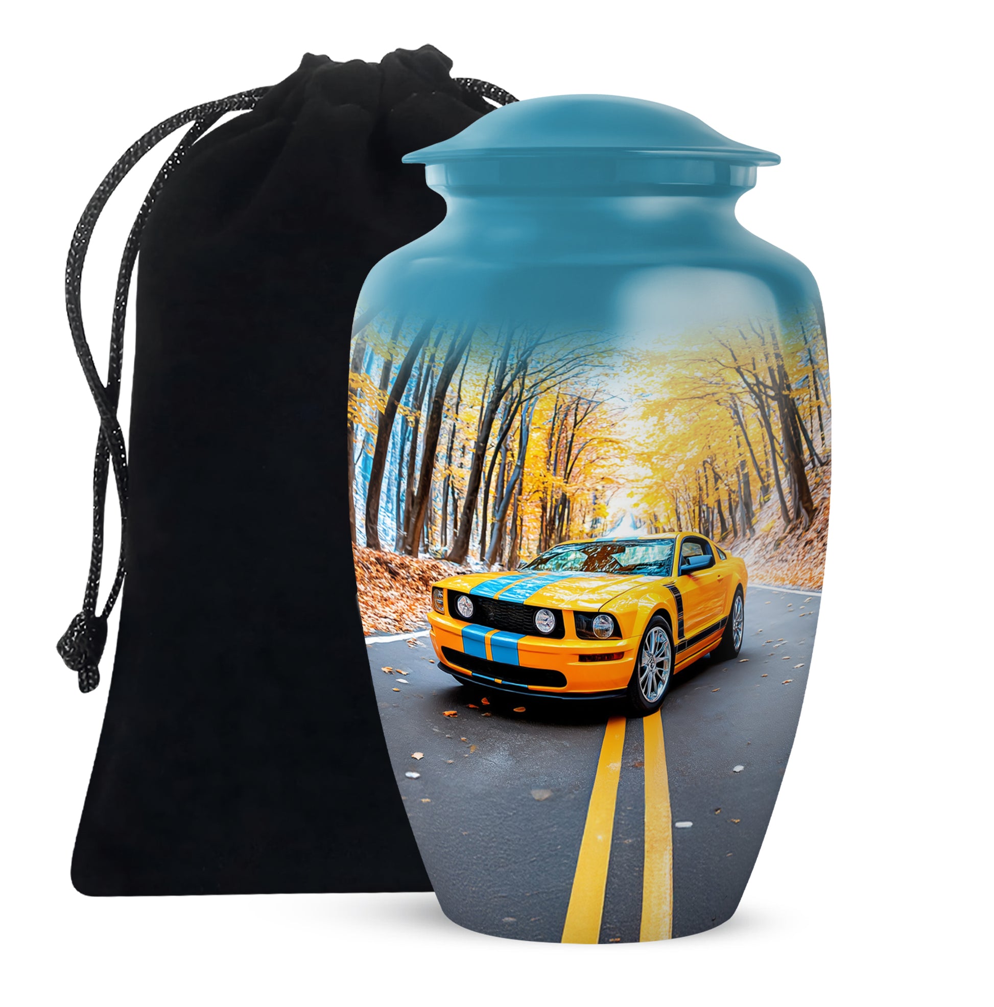 Bright Blue Car Cremation Urn angled view of lid and engraved motif - elegant classic car relief with fine detailing - full-size 10 inch 200 cubic inch adult cremation urn