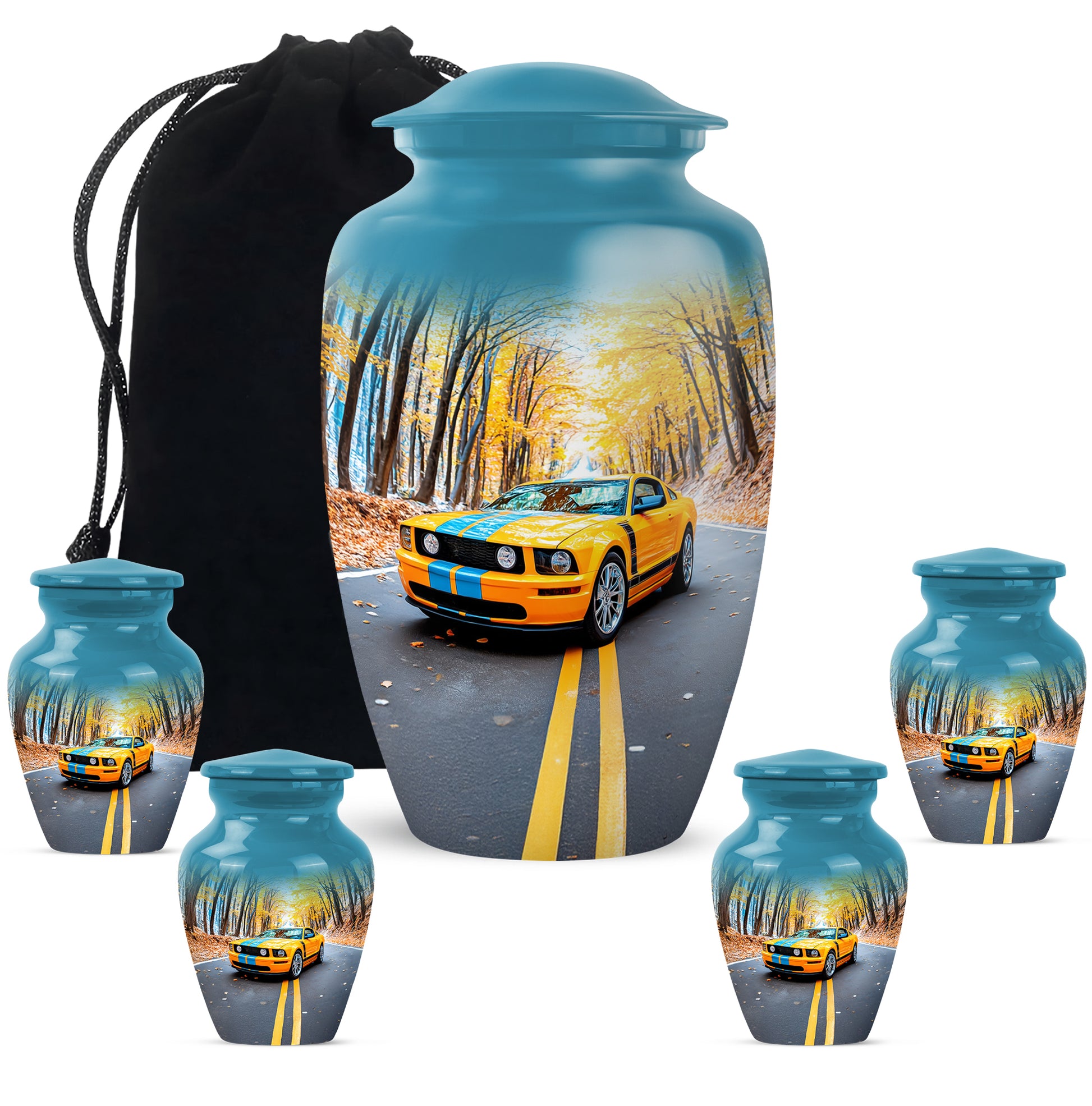 Soft Blue Car Cremation Urn top-down view of secure threaded lid - traditional car engraving with hand-polished finish - memorial set with one large and four small urns