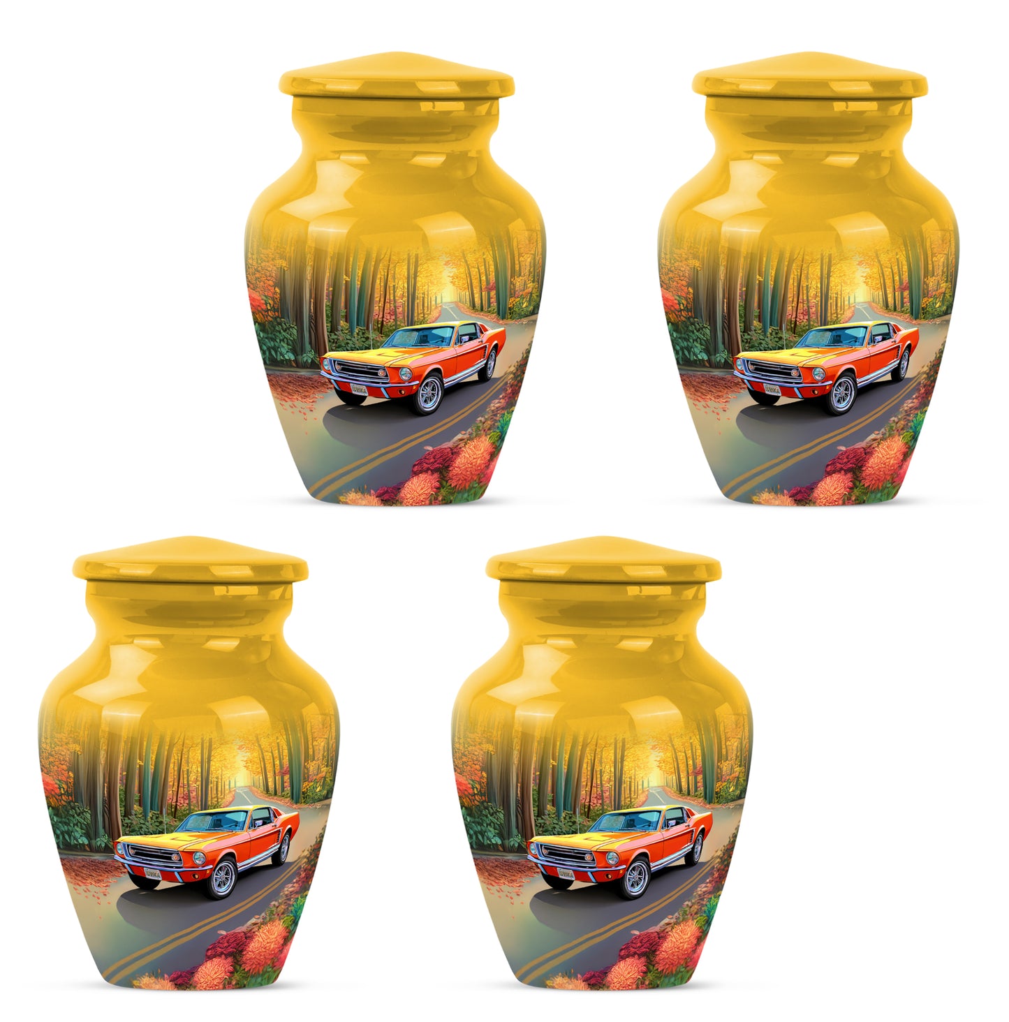 Royal Gold Car Cremation Urn side profile showing urn shape - traditional car engraving with hand-polished finish - 10 inch aluminum urn for cremated remains
