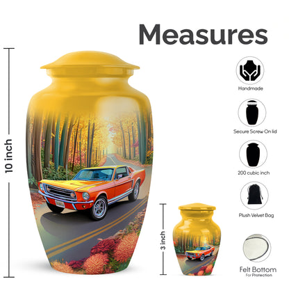 Burnished Gold Car Cremation Urn close-up of engraving and surface detail - elegant classic car relief with fine detailing - mini keepsake memorial for portion of cremation ashes