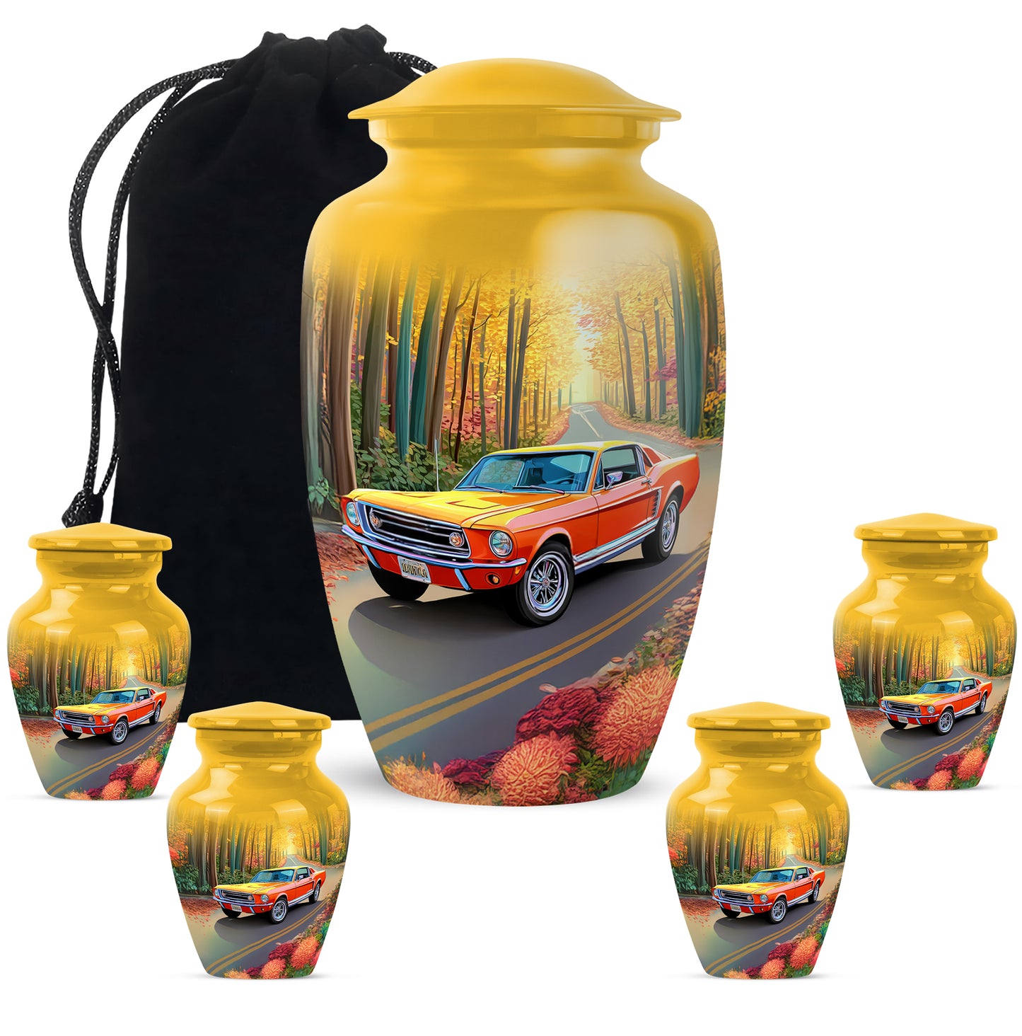 Champagne Gold Car Cremation Urn top-down view of secure threaded lid - classic sculpted car pattern on smooth aluminum - memorial set with one large and four small urns