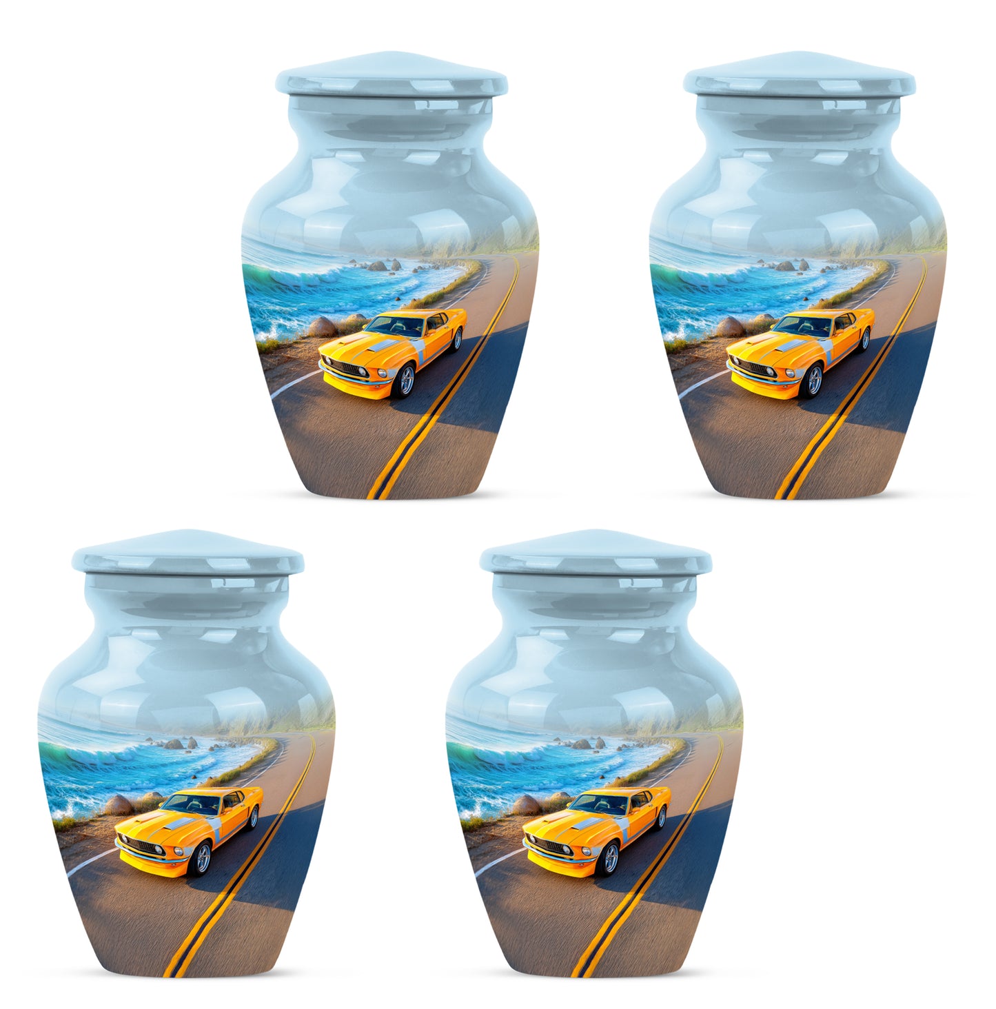Cobalt Blue Car Cremation Urn side profile showing urn shape - elegant classic car relief with fine detailing - 10 inch aluminum urn for cremated remains