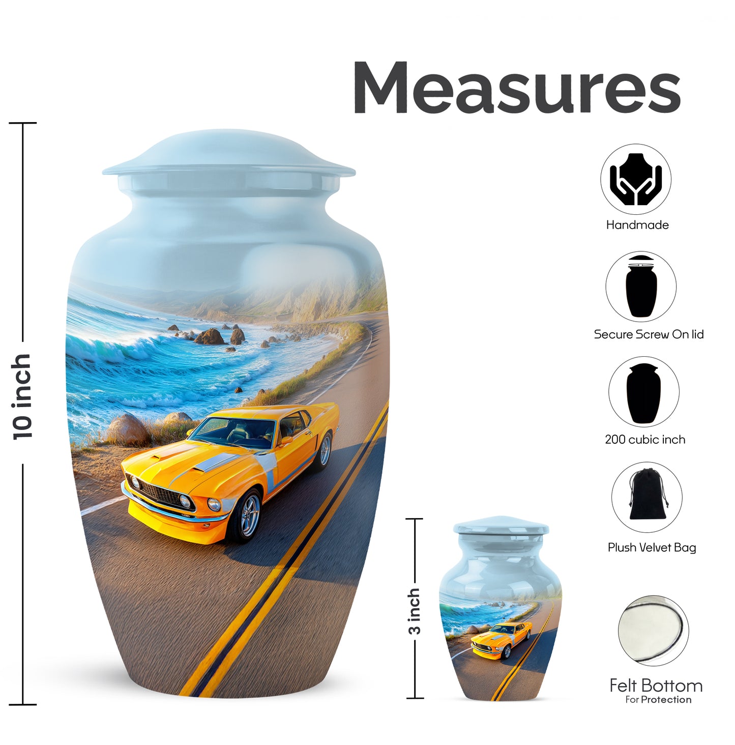 Azure Car Cremation Urn close-up of engraving and surface detail - classic sculpted car pattern on smooth aluminum - mini keepsake memorial for portion of cremation ashes