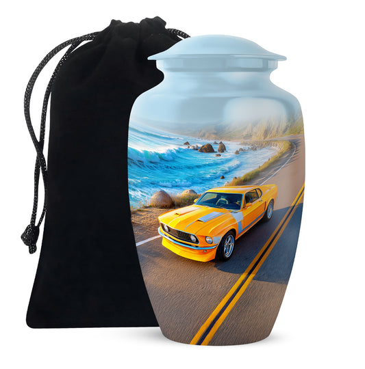 Misty Blue Car Cremation Urn angled view of lid and engraved motif - classic sculpted car pattern on smooth aluminum - full-size 10 inch 200 cubic inch adult cremation urn