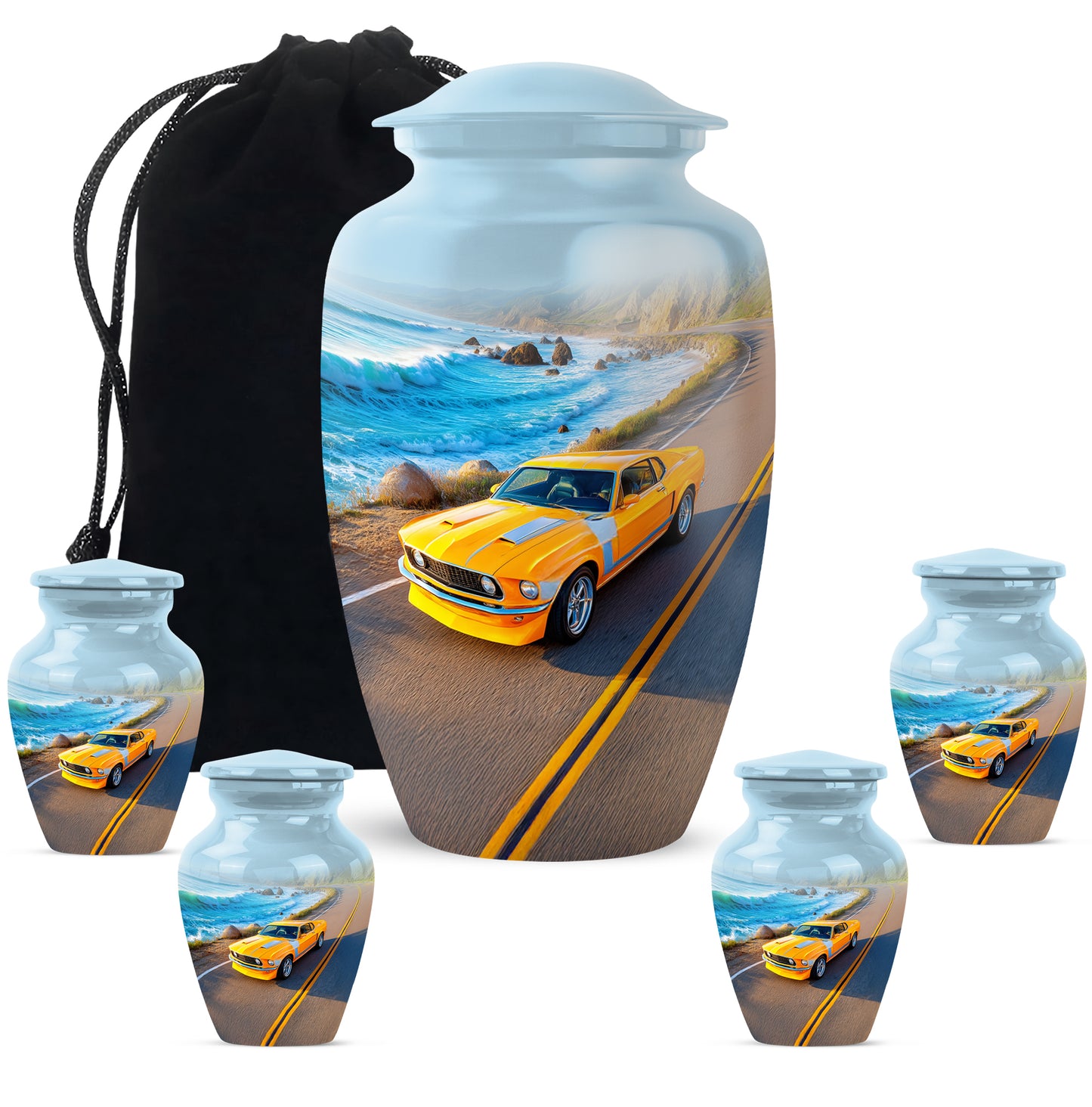 Cobalt Blue Car Cremation Urn top-down view of secure threaded lid - elegant classic car relief with fine detailing - memorial set with one large and four small urns