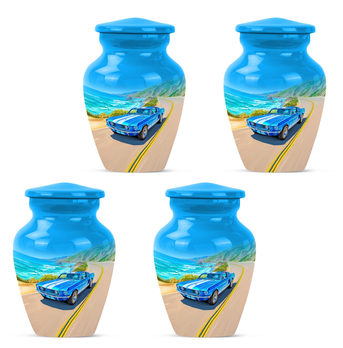 Dusty Blue Car Cremation Urn side profile showing urn shape - timeless car motif etched into premium metal - 10 inch aluminum urn for cremated remains
