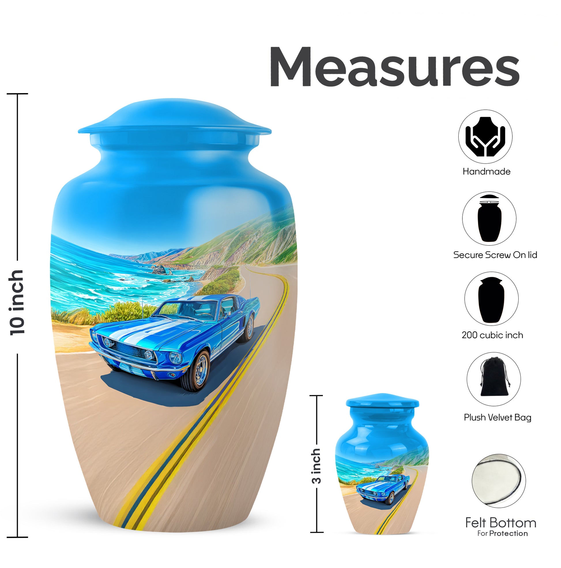 Vivid Blue Car Cremation Urn close-up of engraving and surface detail - elegant classic car relief with fine detailing - mini keepsake memorial for portion of cremation ashes
