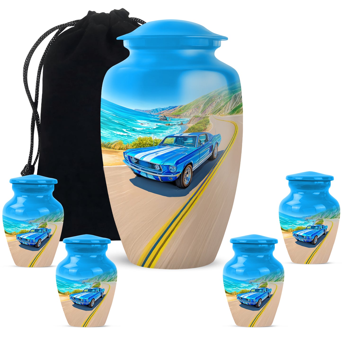 Celestial Blue Car Cremation Urn top-down view of secure threaded lid - classic sculpted car pattern on smooth aluminum - memorial set with one large and four small urns