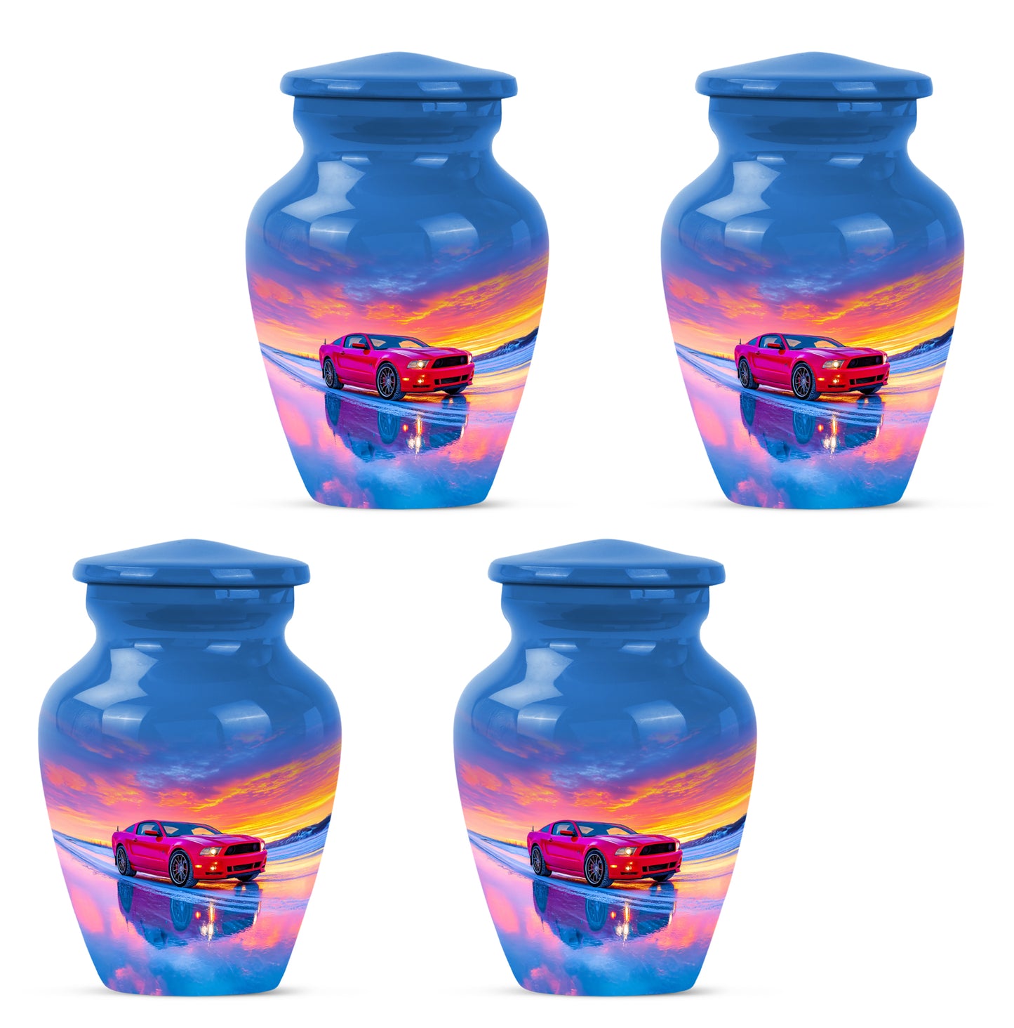 Twilight Blue Car Cremation Urn side profile showing urn shape - elegant classic car relief with fine detailing - 10 inch aluminum urn for cremated remains