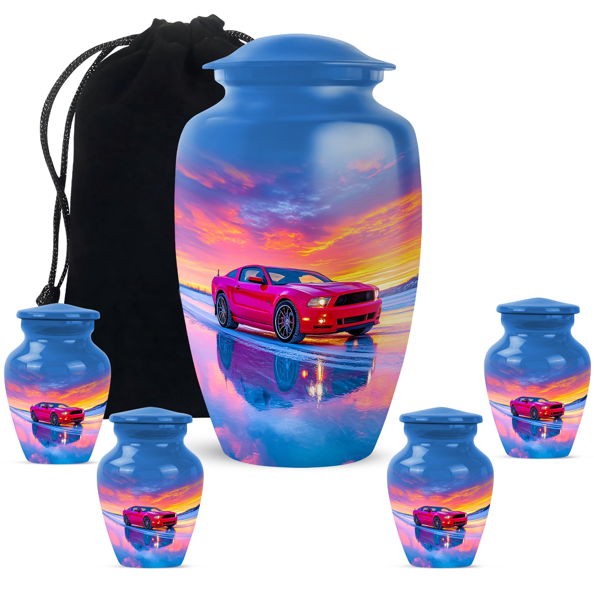 Twilight Blue Car Cremation Urn top-down view of secure threaded lid - traditional car engraving with hand-polished finish - memorial set with one large and four small urns