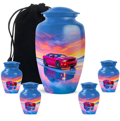 Twilight Blue Car Cremation Urn top-down view of secure threaded lid - traditional car engraving with hand-polished finish - memorial set with one large and four small urns