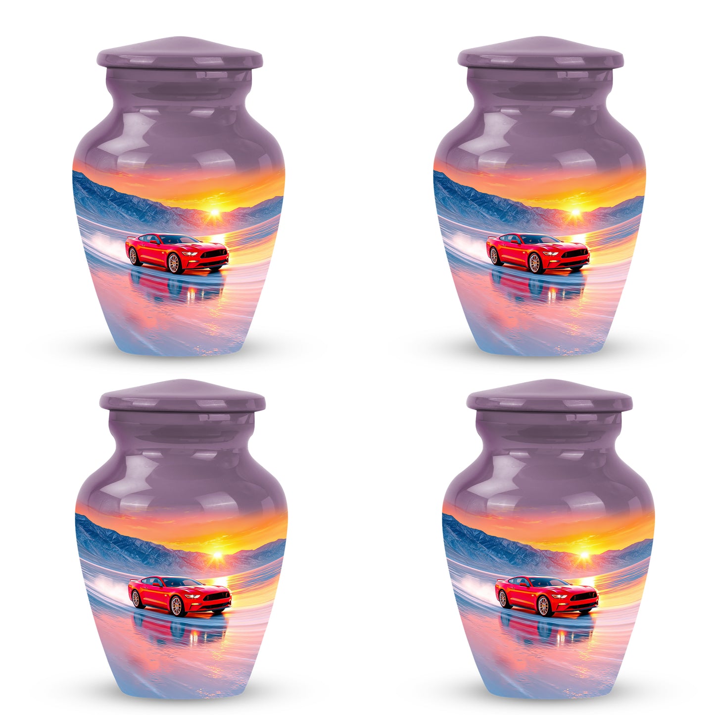 Vintage Pink Car Cremation Urn side profile showing urn shape - traditional car engraving with hand-polished finish - 10 inch aluminum urn for cremated remains