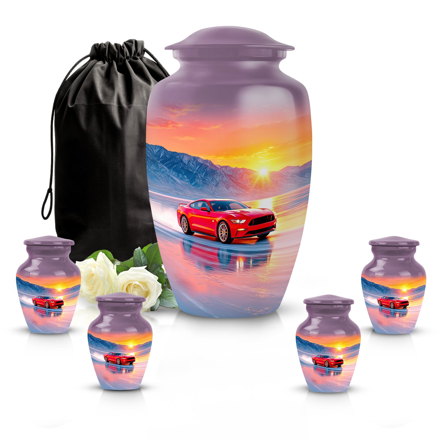 Soft Pink Car Cremation Urn top-down view of secure threaded lid - elegant classic car relief with fine detailing - memorial set with one large and four small urns