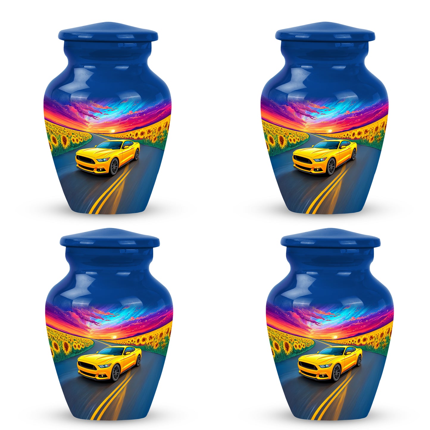 Dusty Blue Car Cremation Urn side profile showing urn shape - classic sculpted car pattern on smooth aluminum - 10 inch aluminum urn for cremated remains