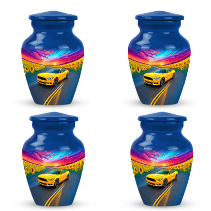 Dusty Blue Car Cremation Urn side profile showing urn shape - classic sculpted car pattern on smooth aluminum - 10 inch aluminum urn for cremated remains