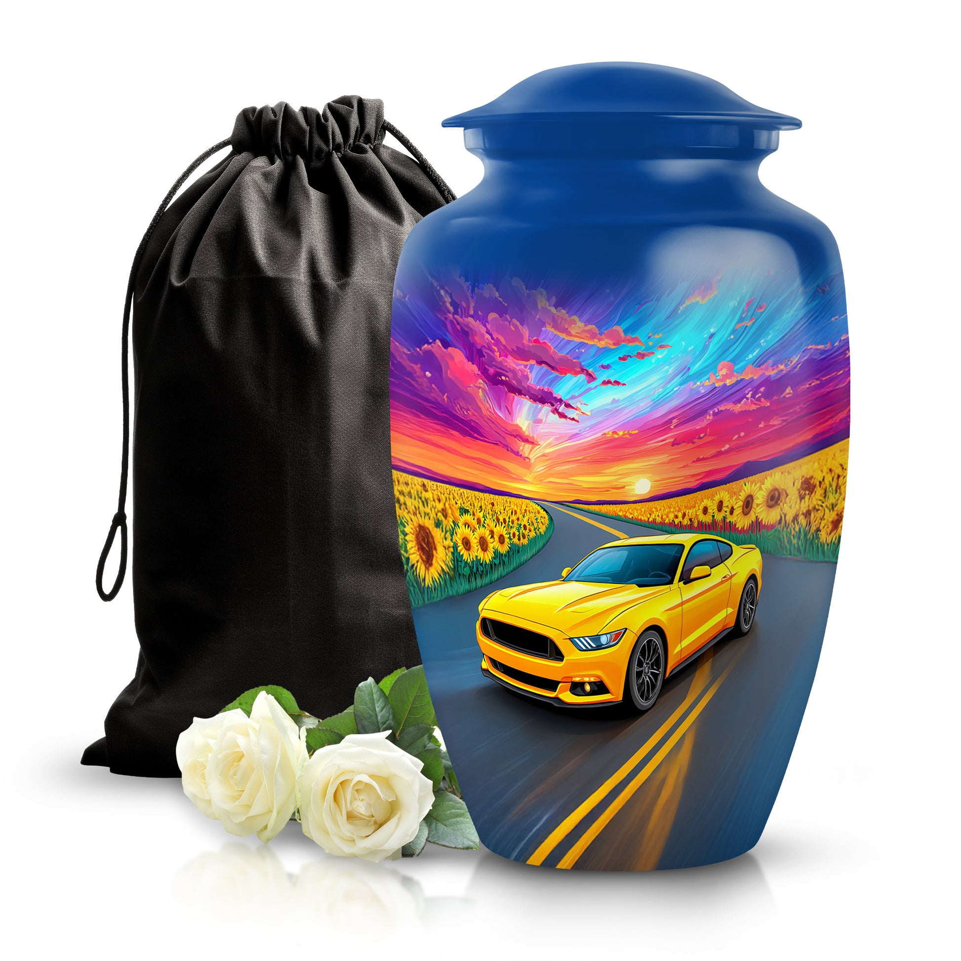Soft Blue Car Cremation Urn angled view of lid and engraved motif - elegant classic car relief with fine detailing - full-size 10 inch 200 cubic inch adult cremation urn