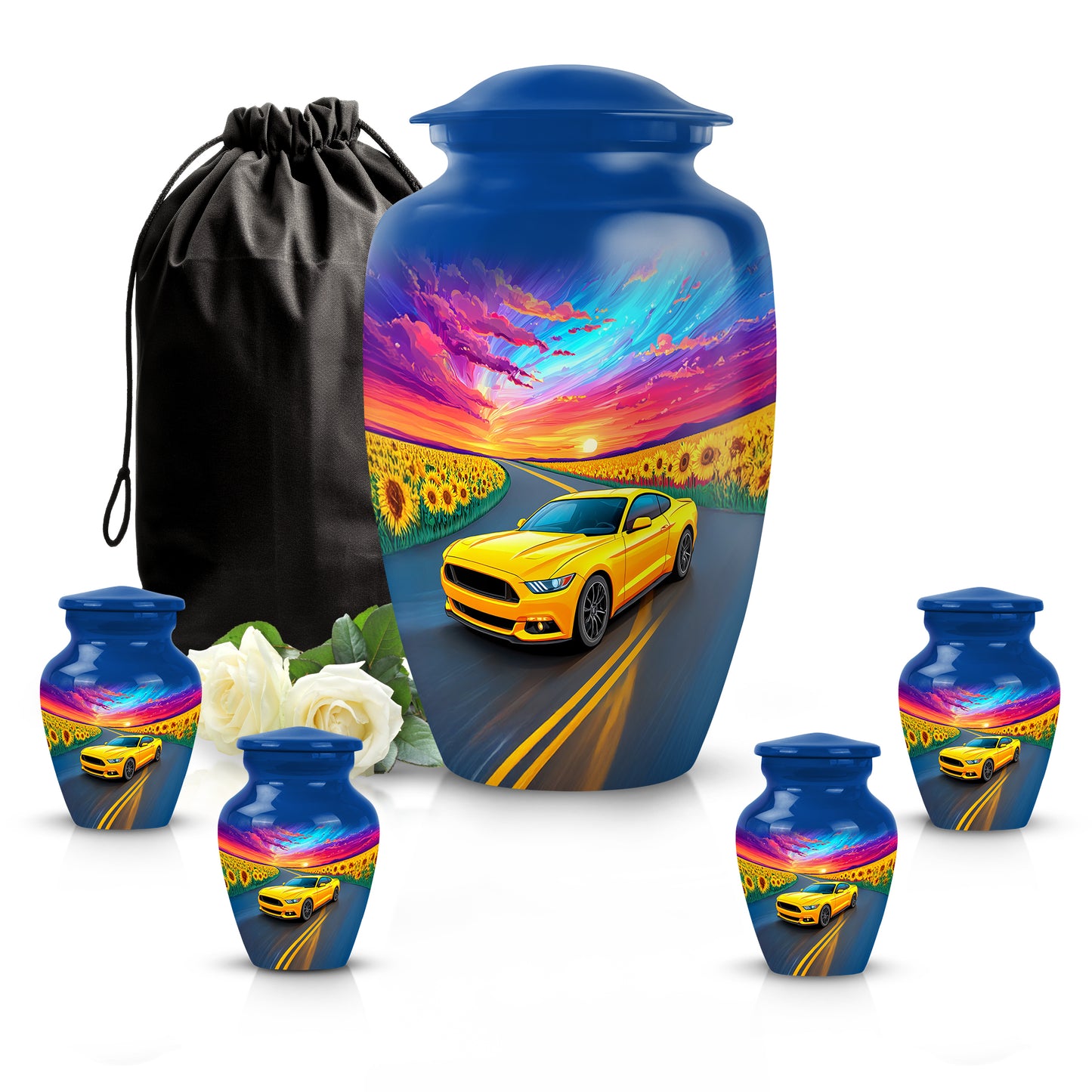 Cobalt Blue Car Cremation Urn top-down view of secure threaded lid - elegant classic car relief with fine detailing - memorial set with one large and four small urns
