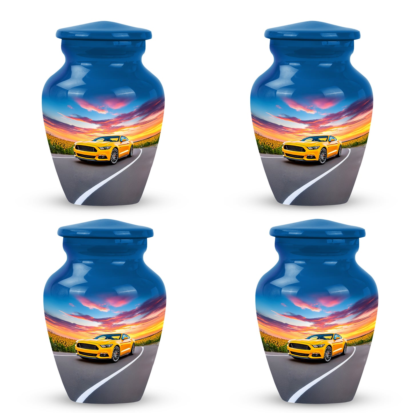 Vivid Blue Car Cremation Urn side profile showing urn shape - traditional car engraving with hand-polished finish - 10 inch aluminum urn for cremated remains