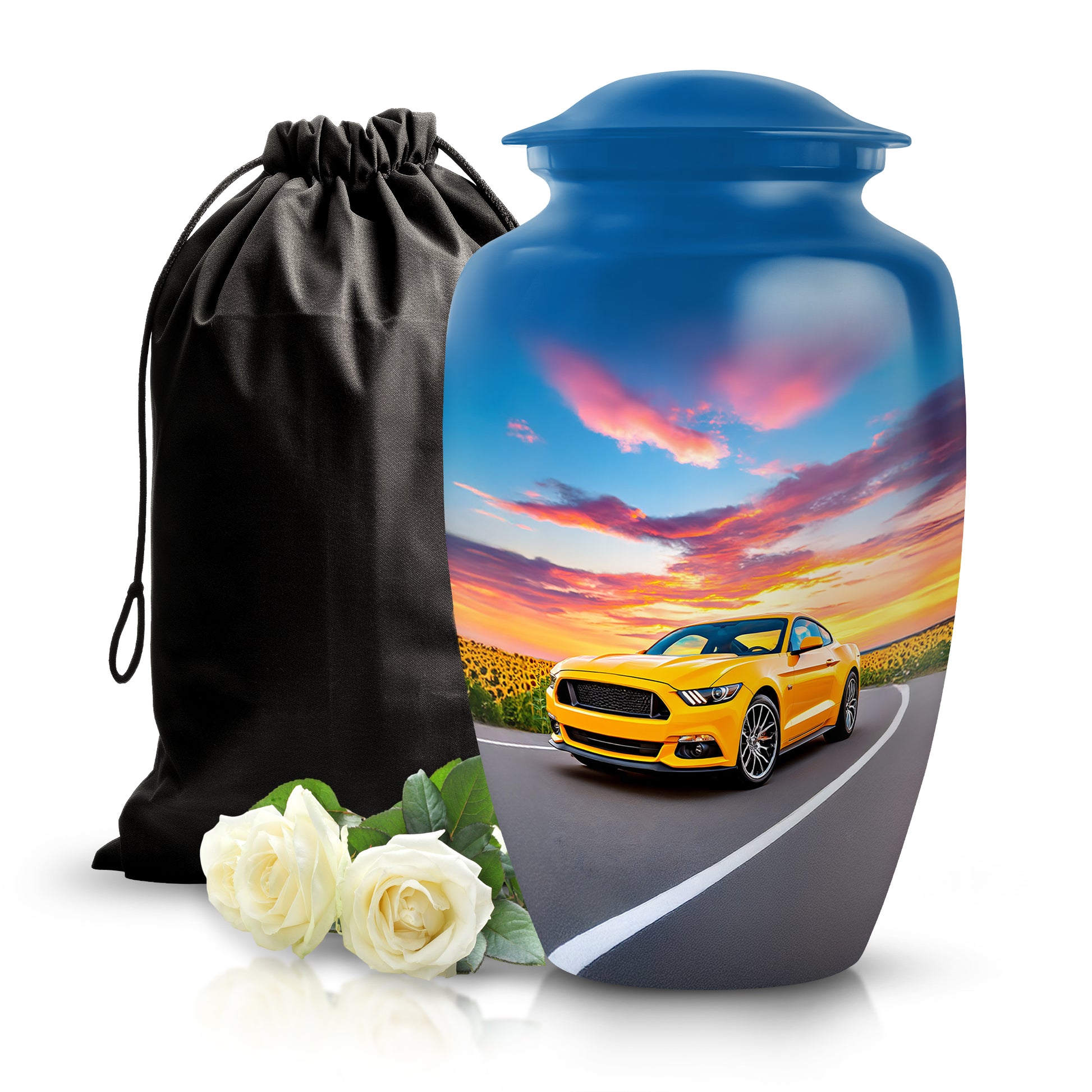 Indigo Car Cremation Urn angled view of lid and engraved motif - timeless car motif etched into premium metal - full-size 10 inch 200 cubic inch adult cremation urn
