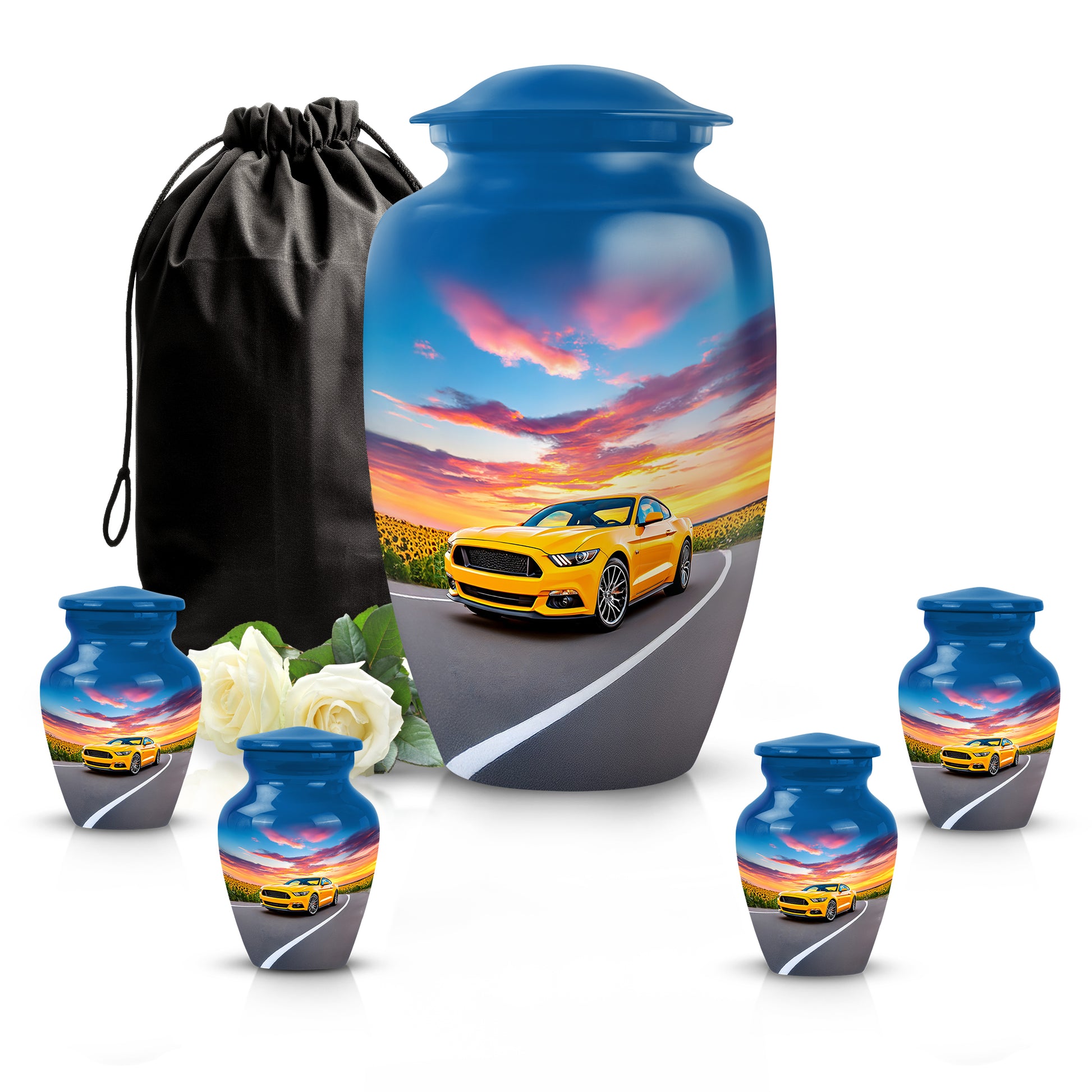 Slate Blue Car Cremation Urn top-down view of secure threaded lid - timeless car motif etched into premium metal - memorial set with one large and four small urns