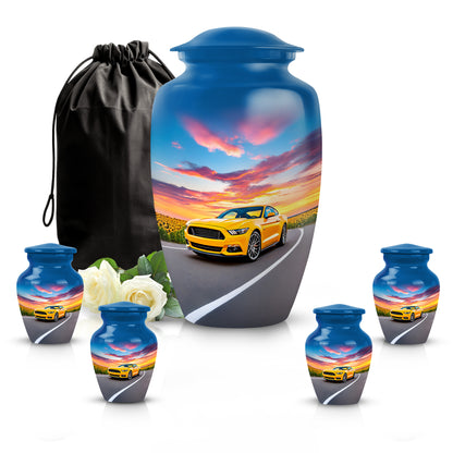 Slate Blue Car Cremation Urn top-down view of secure threaded lid - timeless car motif etched into premium metal - memorial set with one large and four small urns