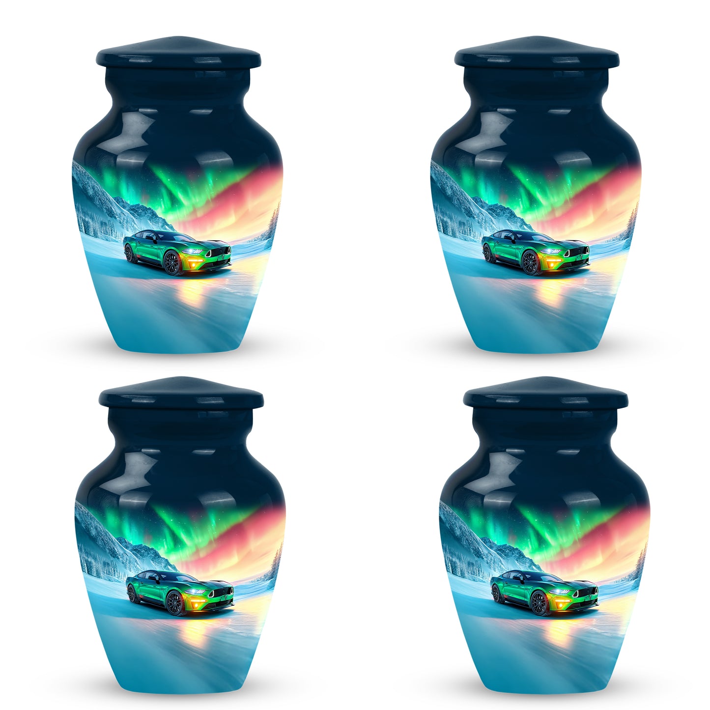 Sky Blue Car Cremation Urn side profile showing urn shape - timeless car motif etched into premium metal - 10 inch aluminum urn for cremated remains
