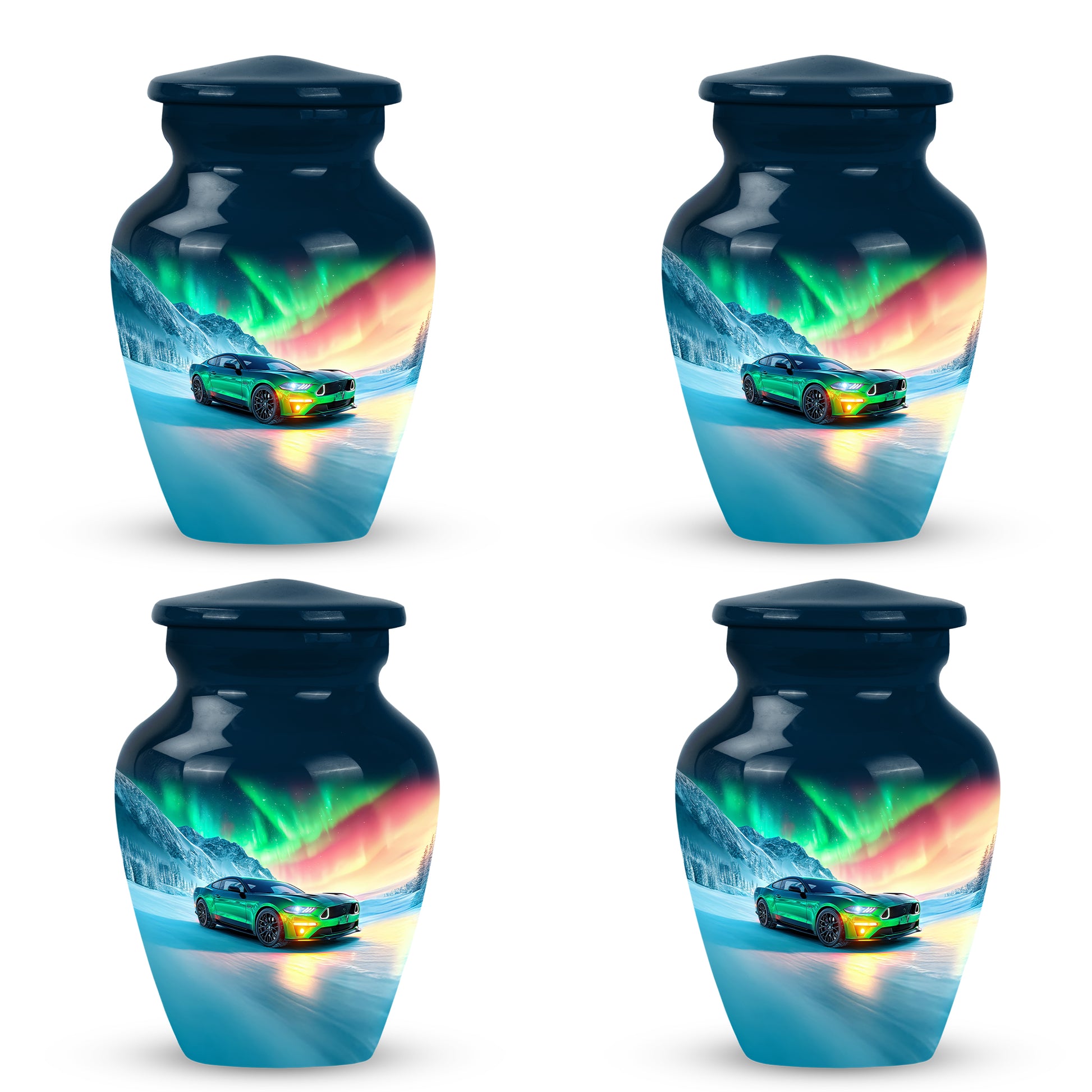 Sky Blue Car Cremation Urn side profile showing urn shape - timeless car motif etched into premium metal - 10 inch aluminum urn for cremated remains