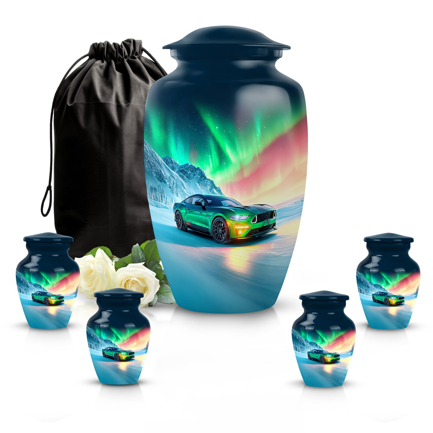 Cobalt Blue Car Cremation Urn top-down view of secure threaded lid - elegant classic car relief with fine detailing - memorial set with one large and four small urns