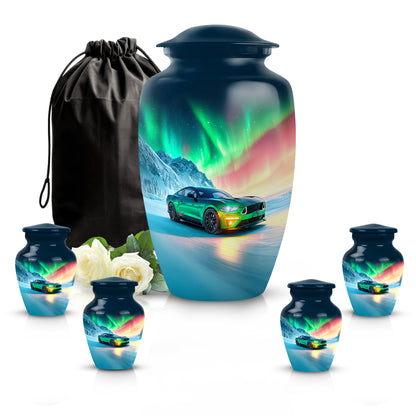 Cobalt Blue Car Cremation Urn top-down view of secure threaded lid - elegant classic car relief with fine detailing - memorial set with one large and four small urns