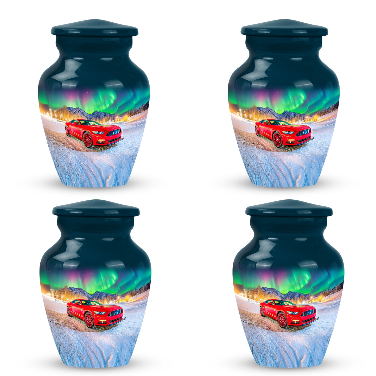 Slate Blue Car Cremation Urn side profile showing urn shape - classic sculpted car pattern on smooth aluminum - 10 inch aluminum urn for cremated remains