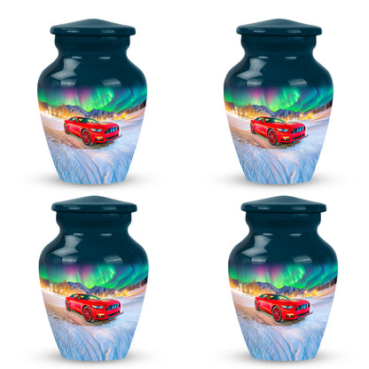 Slate Blue Car Cremation Urn side profile showing urn shape - classic sculpted car pattern on smooth aluminum - 10 inch aluminum urn for cremated remains