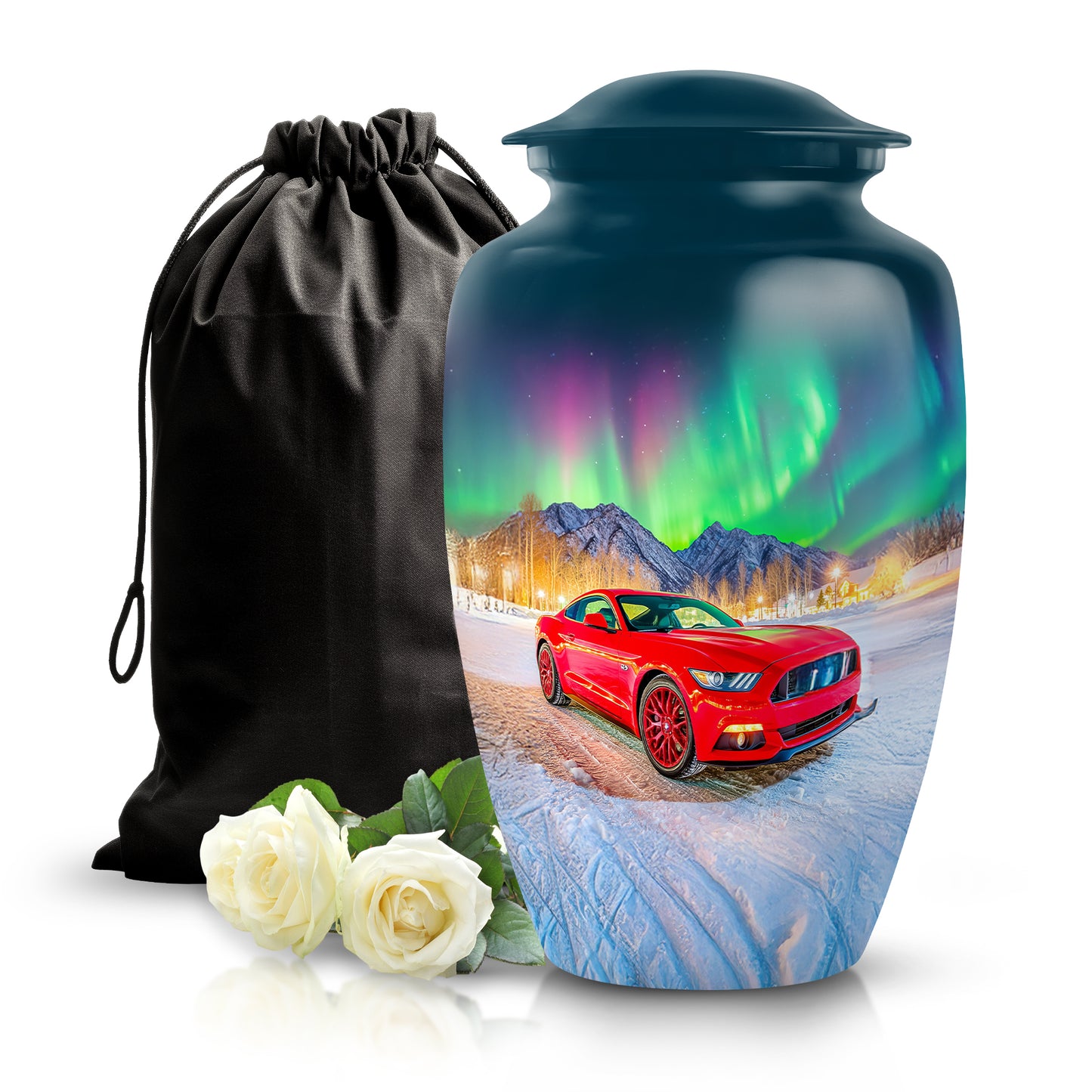Pastel Blue Car Cremation Urn angled view of lid and engraved motif - timeless car motif etched into premium metal - full-size 10 inch 200 cubic inch adult cremation urn
