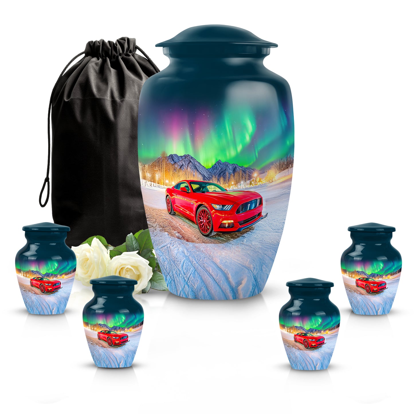 Pastel Blue Car Cremation Urn top-down view of secure threaded lid - timeless car motif etched into premium metal - memorial set with one large and four small urns