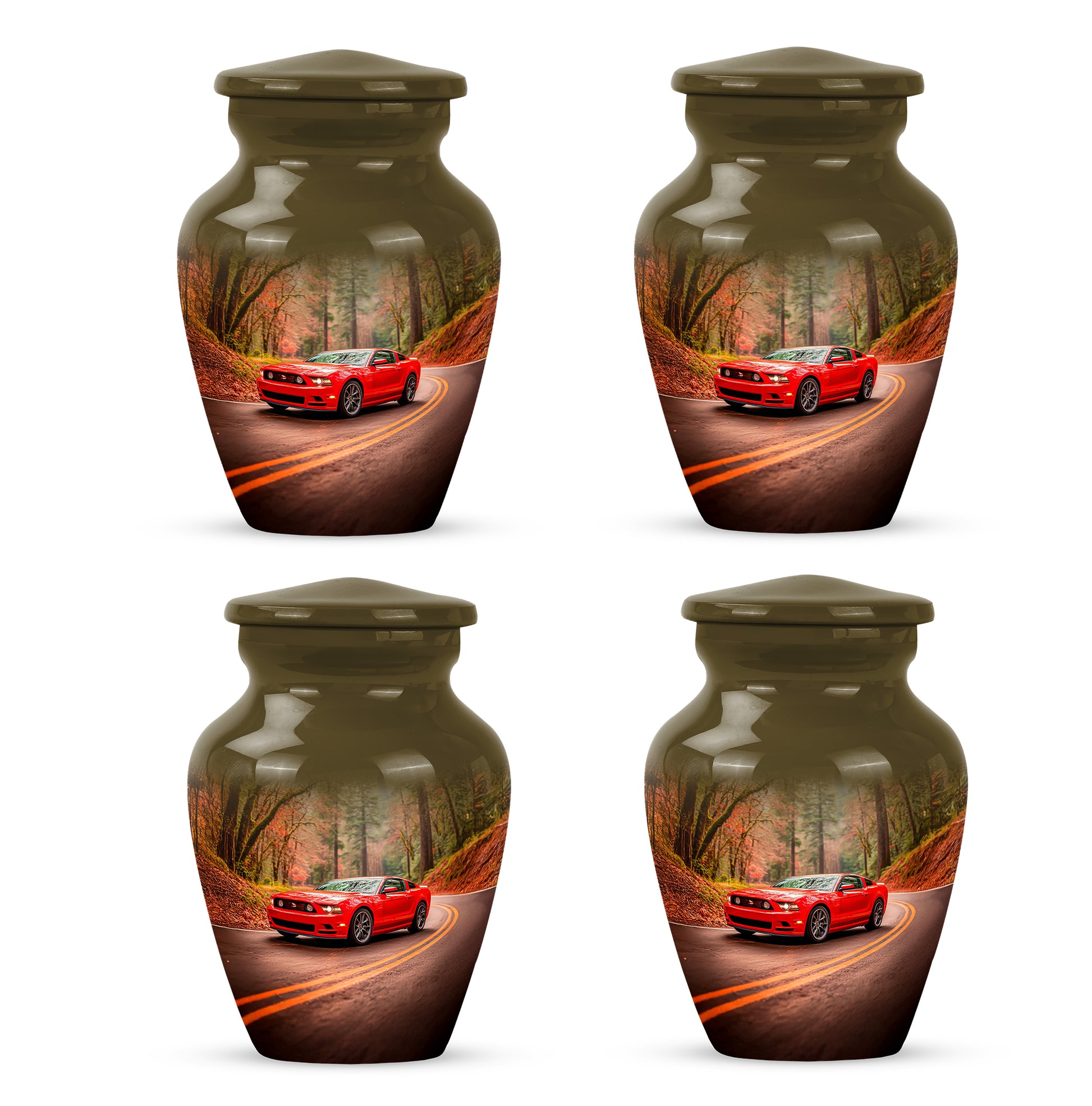 Sunrise Gold Car Cremation Urn side profile showing urn shape - timeless car motif etched into premium metal - 10 inch aluminum urn for cremated remains