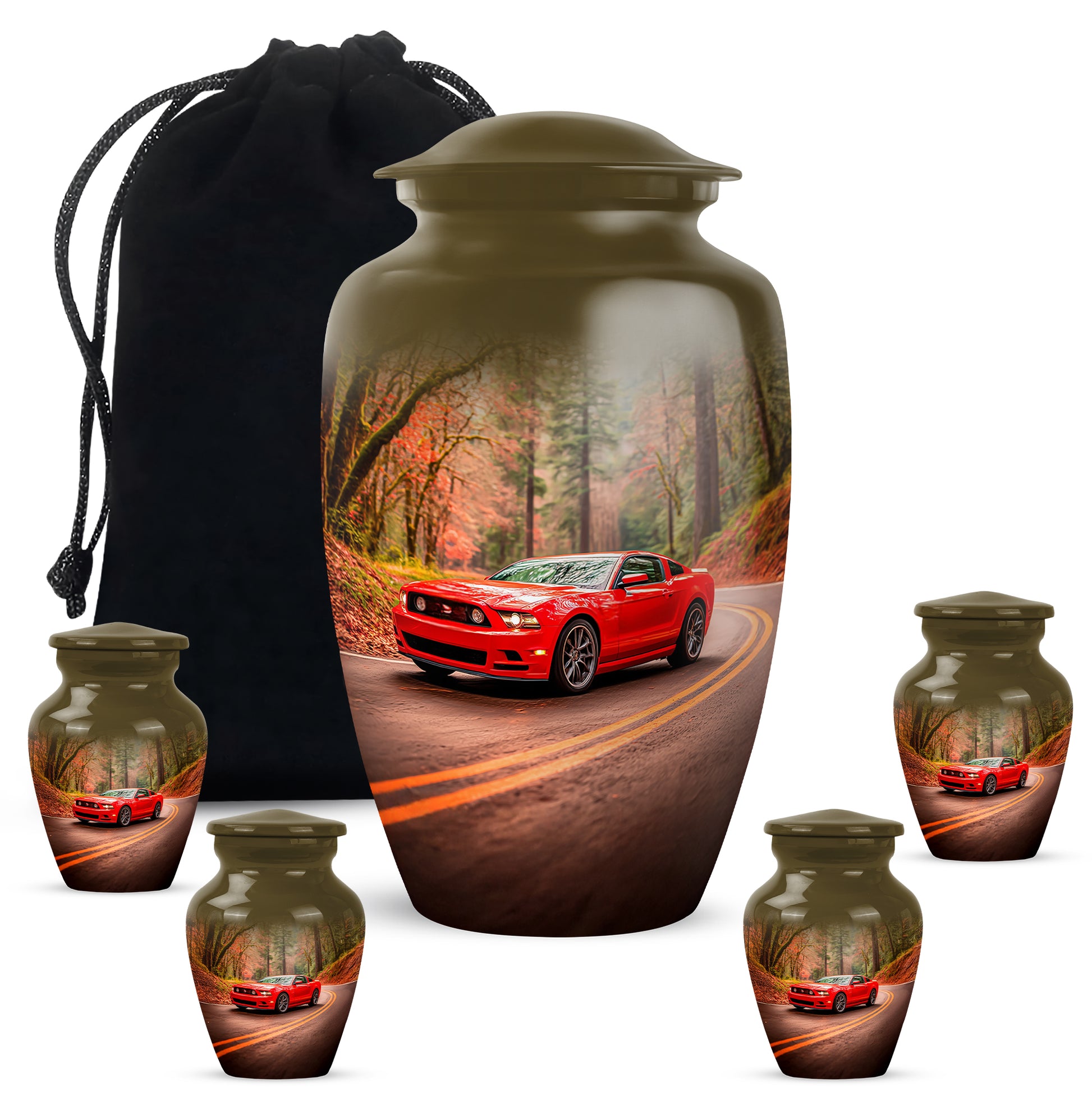 Champagne Gold Car Cremation Urn top-down view of secure threaded lid - classic sculpted car pattern on smooth aluminum - memorial set with one large and four small urns
