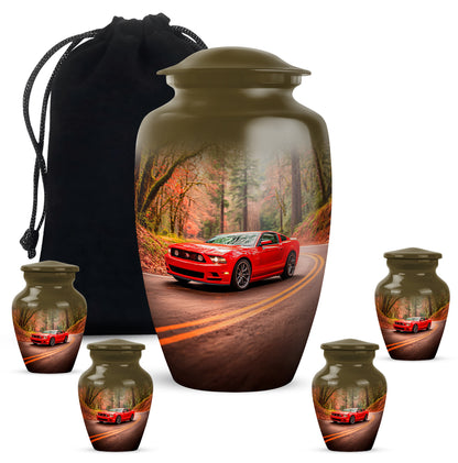 Champagne Gold Car Cremation Urn top-down view of secure threaded lid - classic sculpted car pattern on smooth aluminum - memorial set with one large and four small urns