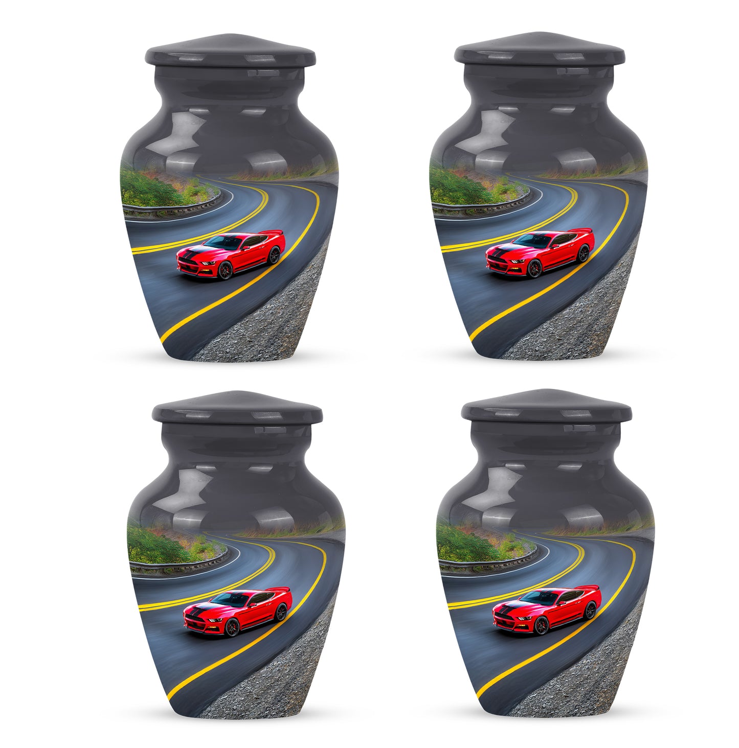 Midnight Black Car Cremation Urn side profile showing urn shape - elegant classic car relief with fine detailing - 10 inch aluminum urn for cremated remains