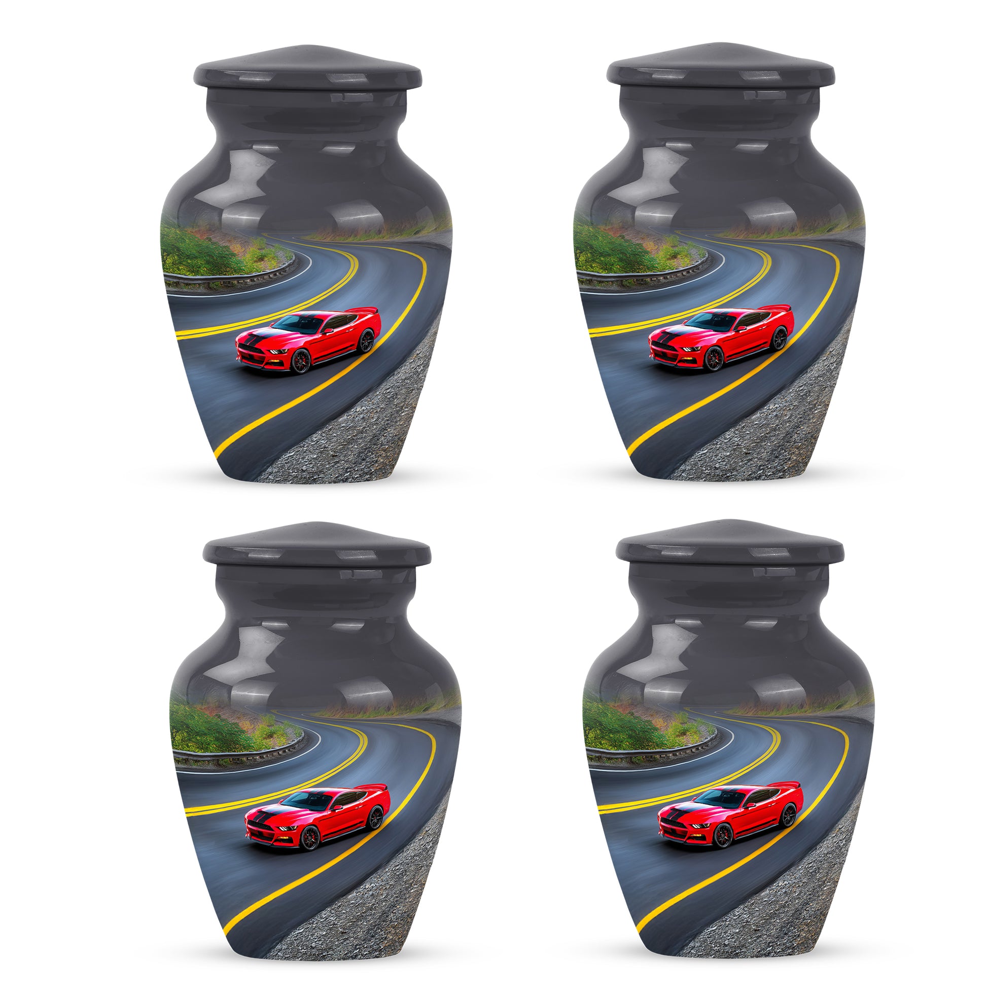 Midnight Black Car Cremation Urn side profile showing urn shape - elegant classic car relief with fine detailing - 10 inch aluminum urn for cremated remains