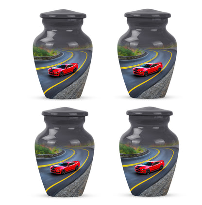 Midnight Black Car Cremation Urn side profile showing urn shape - elegant classic car relief with fine detailing - 10 inch aluminum urn for cremated remains