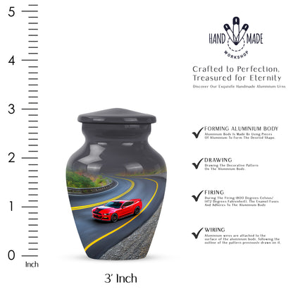 Obsidian Black Car Cremation Urn close-up of engraving and surface detail - traditional car engraving with hand-polished finish - mini keepsake memorial for portion of cremation ashes